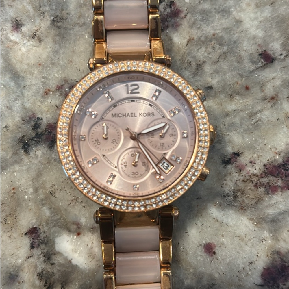 Michael Kors Gold Watch with Crystal Bezel and Chronograph Dial